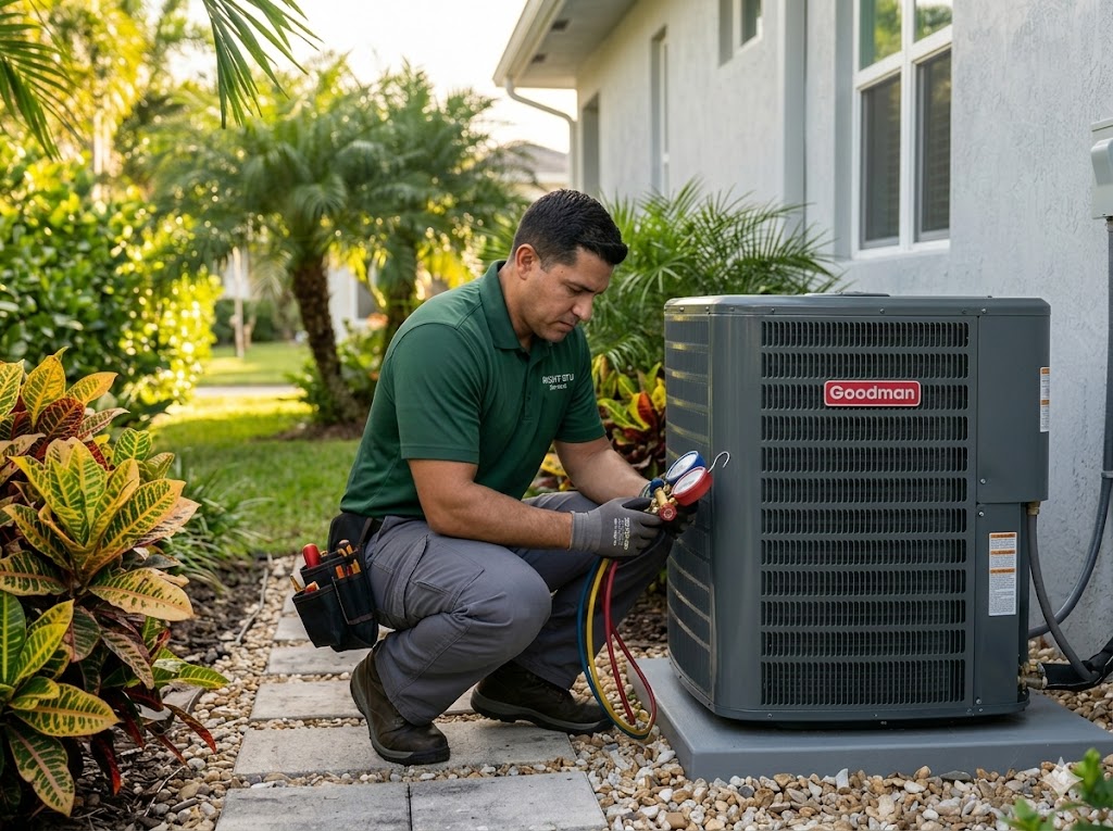 Right-BTU technician installing a high-efficiency HVAC system at a South Florida home